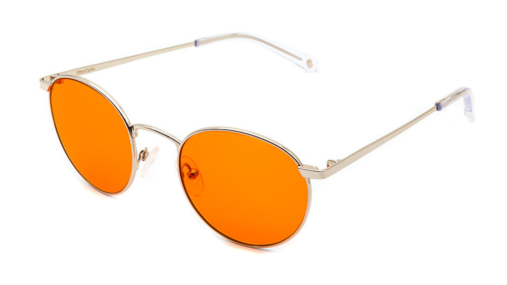 Mesi Silver Orange, or amber-coloured, sleeping glasses viewed from side