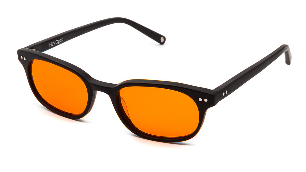 Sage Matte Black Orange, or amber-coloured, sleeping glasses viewed from side