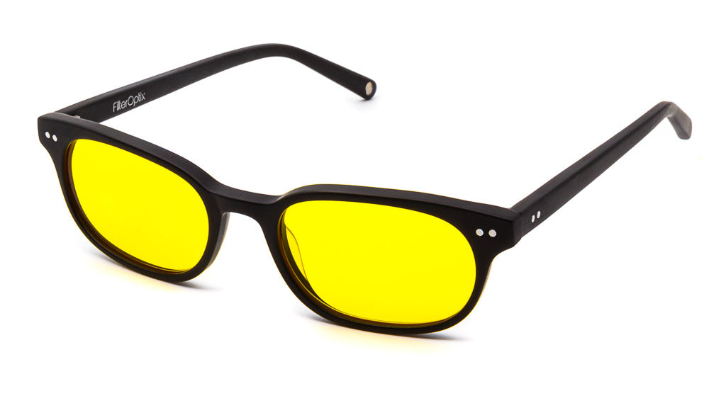 Sage Matte Black Yellow mood boosting glasses viewed from side