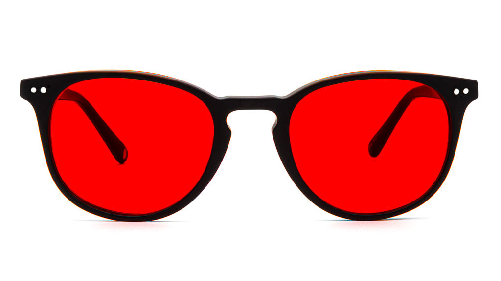 Ventus Matte Black Red blue blocking glasses viewed from front