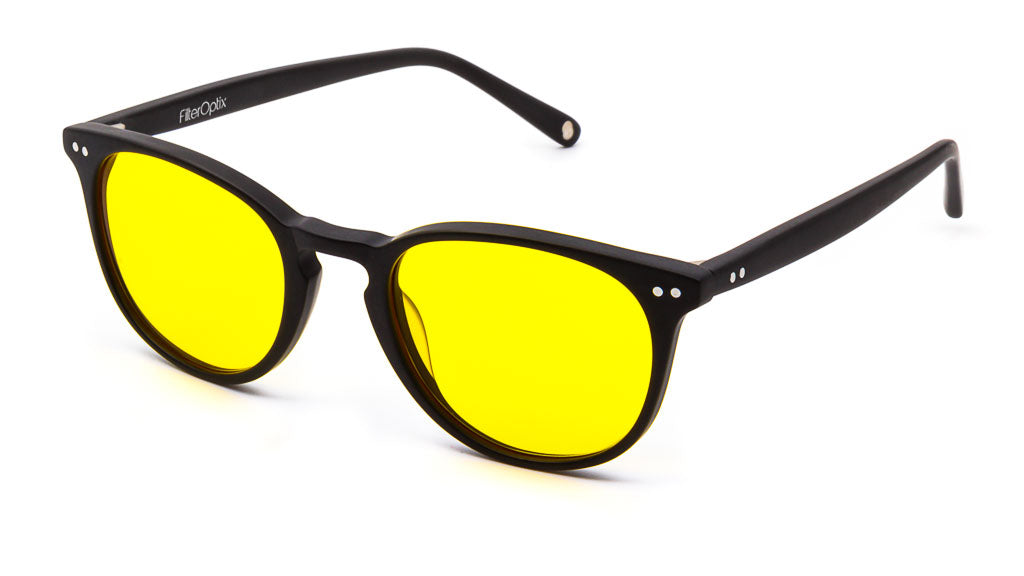 Ventus Matte Black Yellow mood boosting glasses viewed from side
